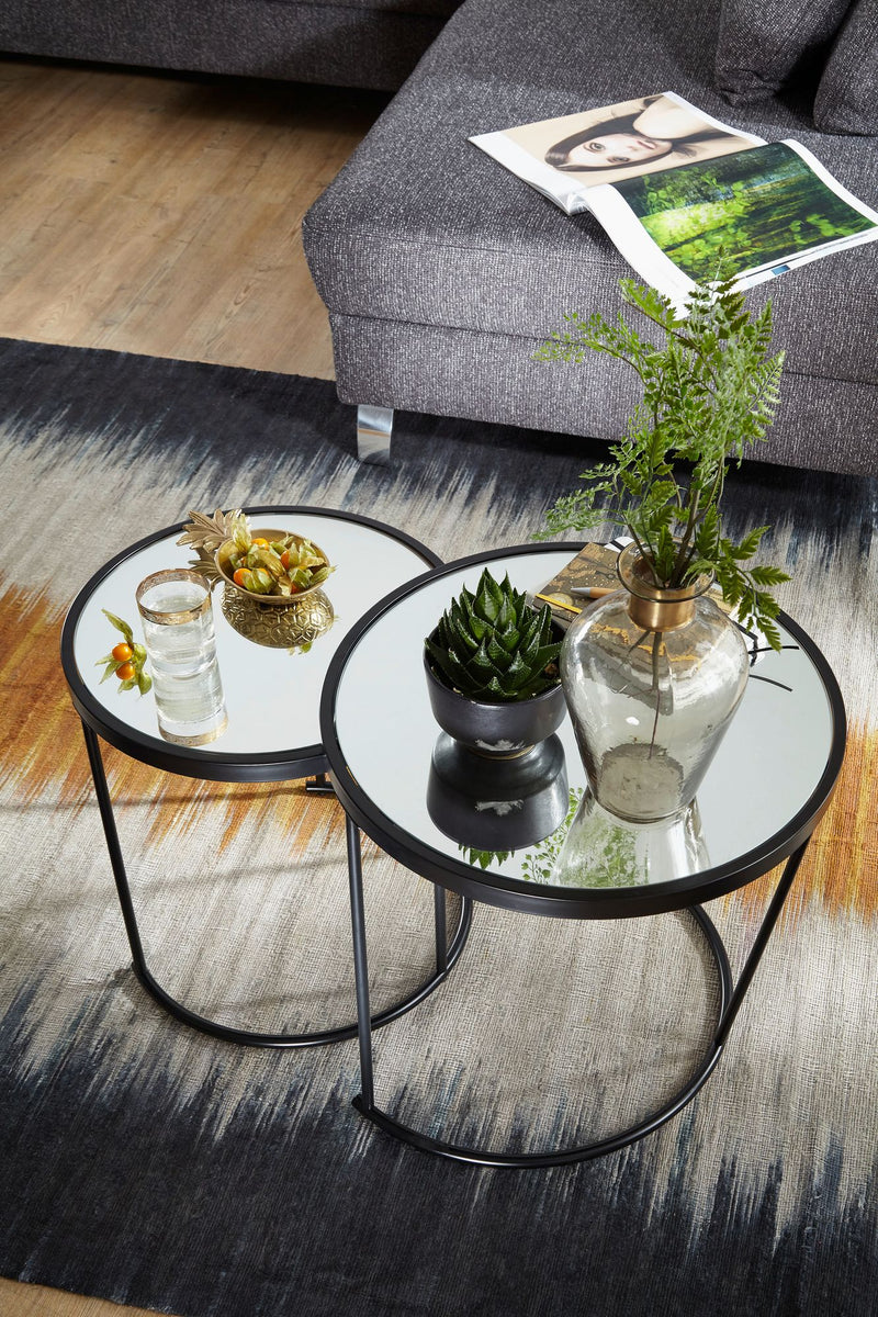 Beistelltisch 2er Set Rund Ø50/42cm Schwarz Spiegelglas Wohnzimmertisch