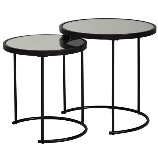 Beistelltisch 2er Set Rund mit gestaffelten runden Spiegelglastischen und schlankem Metallgestell in Schwarz.