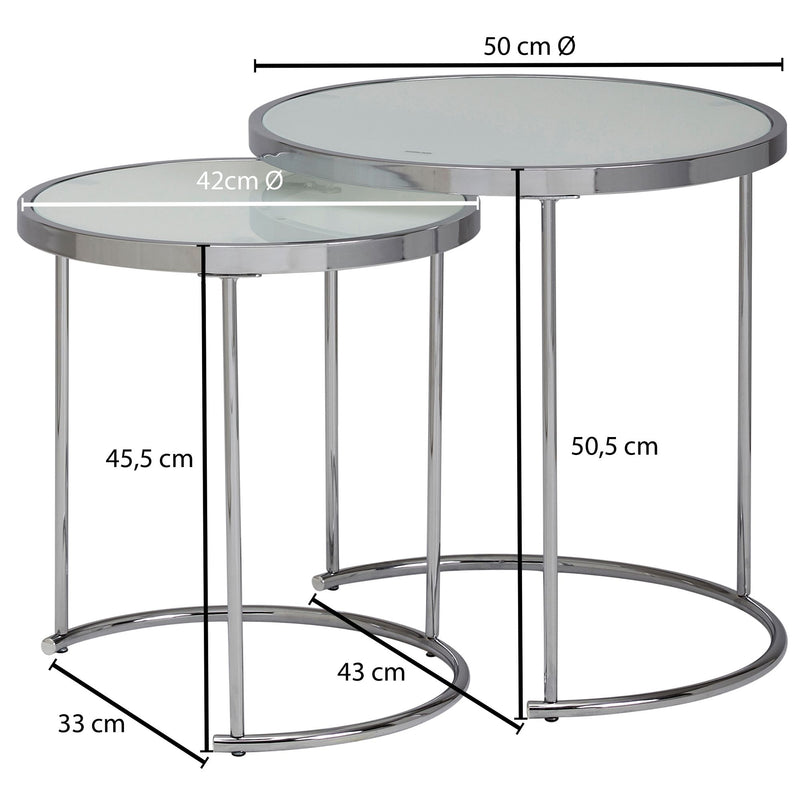Beistelltisch 2er Set Rund Ø50/42cm Weiß Silber Glasplatte
