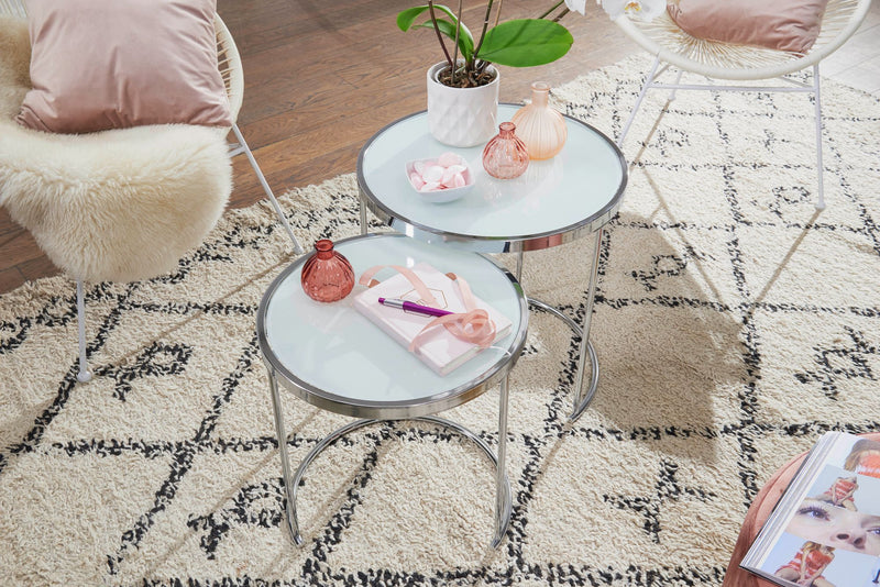 Beistelltisch 2er Set Rund Ø50/42cm Weiß Silber Glasplatte