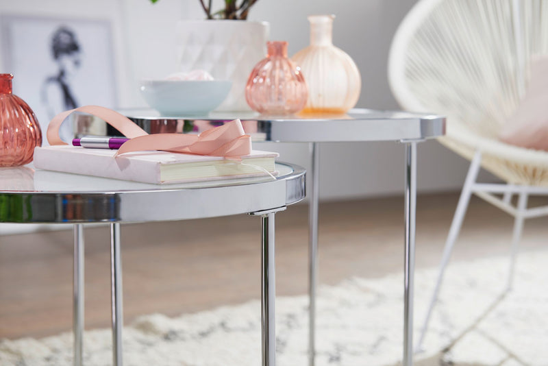 Beistelltisch 2er Set Rund Ø50/42cm Weiß Silber Glasplatte