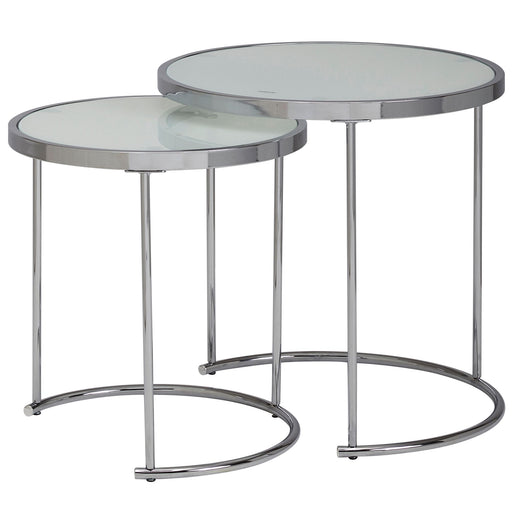 Beistelltisch 2er Set Rund in Gesamtansicht mit runden Glasplatten und verchromtem Metallgestell.