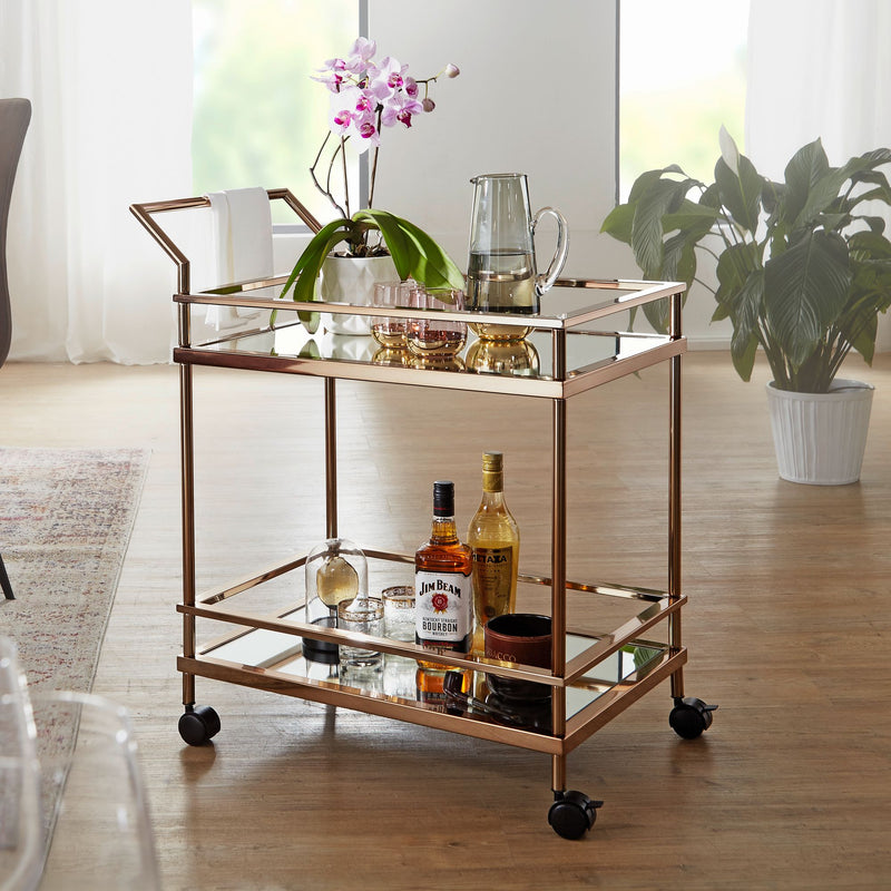 Servierwagen Dunkles Gold 2 Ebenen Glasplatte Rollen Bremsen