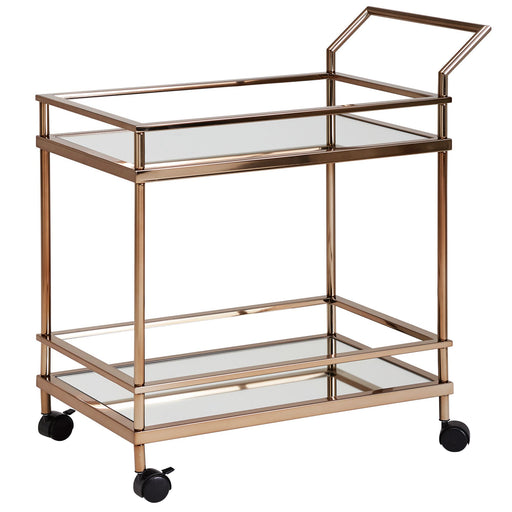 Servierwagen Dunkles Gold mit zwei Glasplatten, Metallgestell und Rollen in Gesamtansicht.