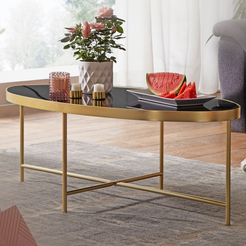 Couchtisch Glas Oval 110x56cm Schwarz Gold Metallgestell