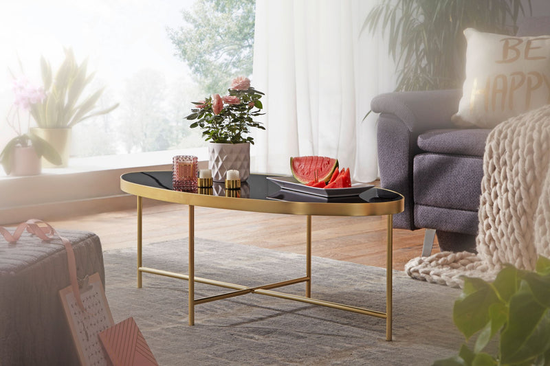 Couchtisch Glas Oval 110x56cm Schwarz Gold Metallgestell