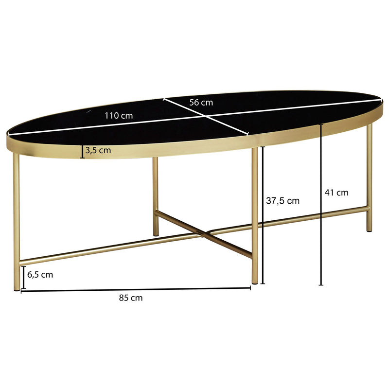 Couchtisch Glas Oval 110x56cm Schwarz Gold Metallgestell