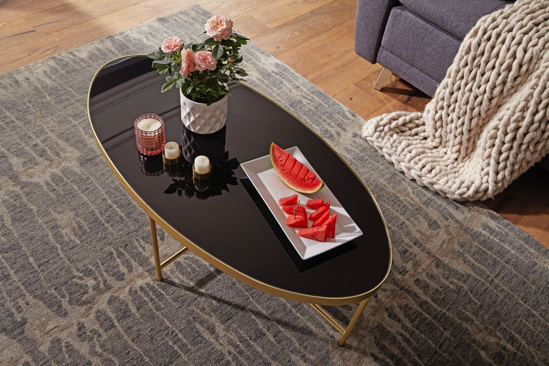 Couchtisch Glas Oval 110x56cm Schwarz Gold Metallgestell