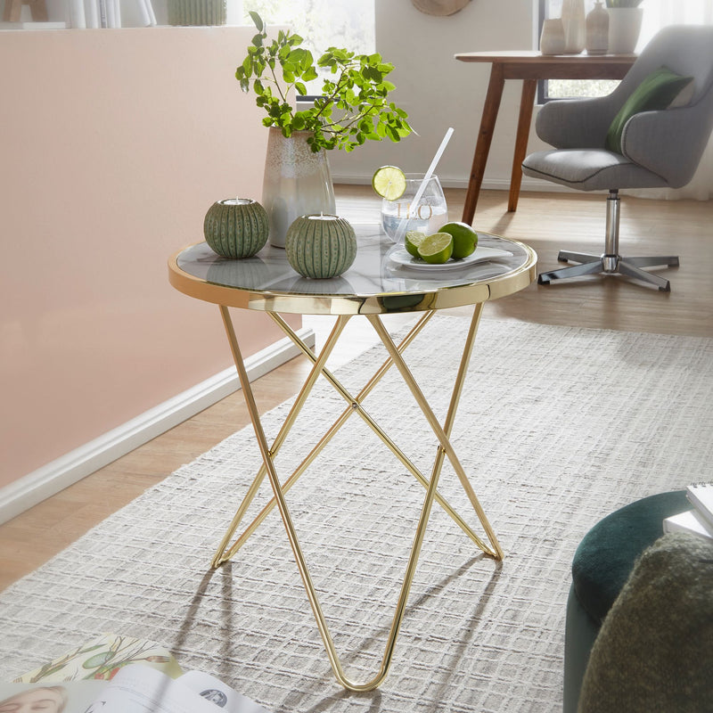 Beistelltisch Marmoroptik Weiß Rund Ø55cm Gold Metallgestell