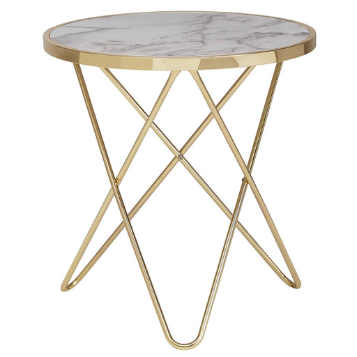 Runder Beistelltisch Marmoroptik Weiß mit goldnem Metallgestell und geometrischem X-Muster in Gesamtansicht.