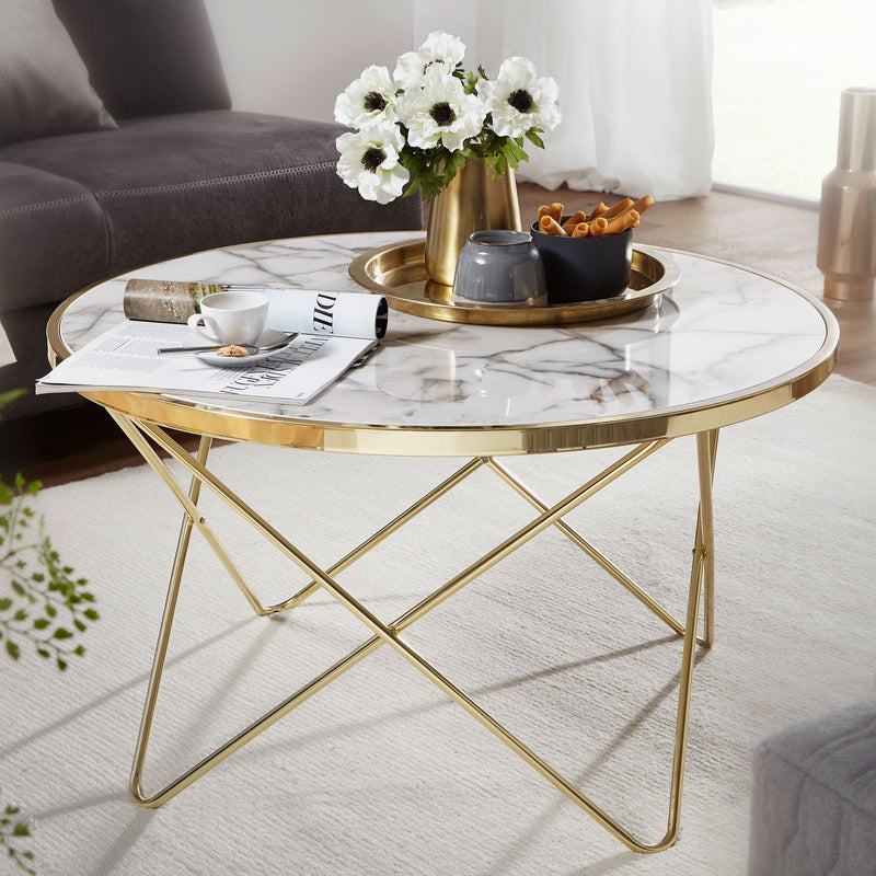 Couchtisch Marmoroptik Weiß Rund Ø85cm Gold Metallgestell