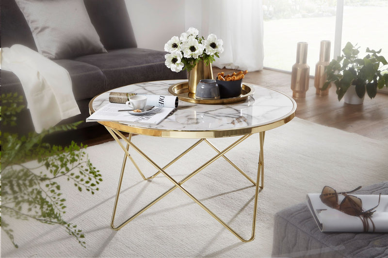 Couchtisch Marmoroptik Weiß Rund Ø85cm Gold Metallgestell