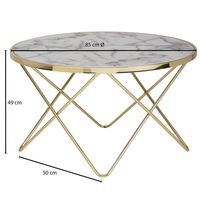 Couchtisch Marmoroptik Weiß Rund Ø85cm Gold Metallgestell