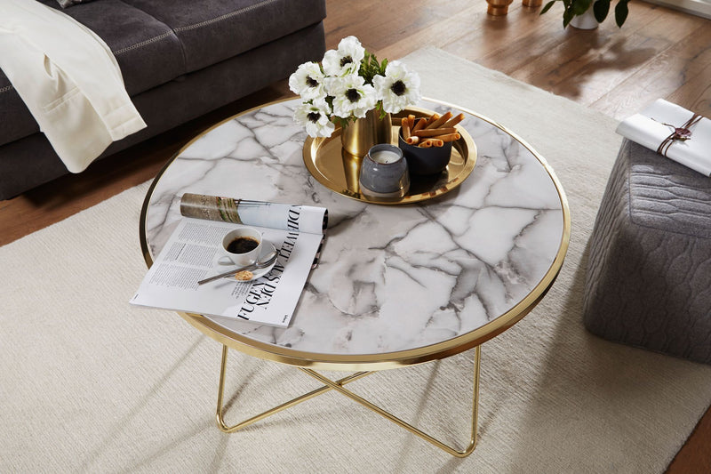 Couchtisch Marmoroptik Weiß Rund Ø85cm Gold Metallgestell