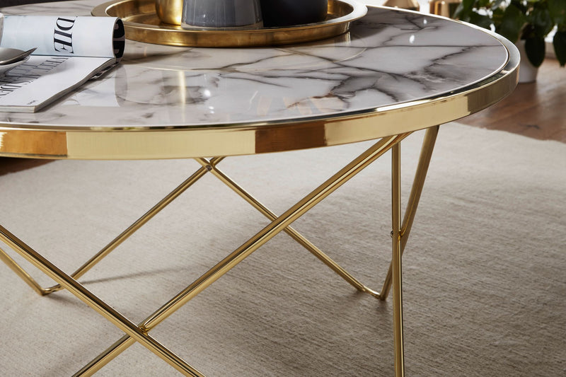 Couchtisch Marmoroptik Weiß Rund Ø85cm Gold Metallgestell