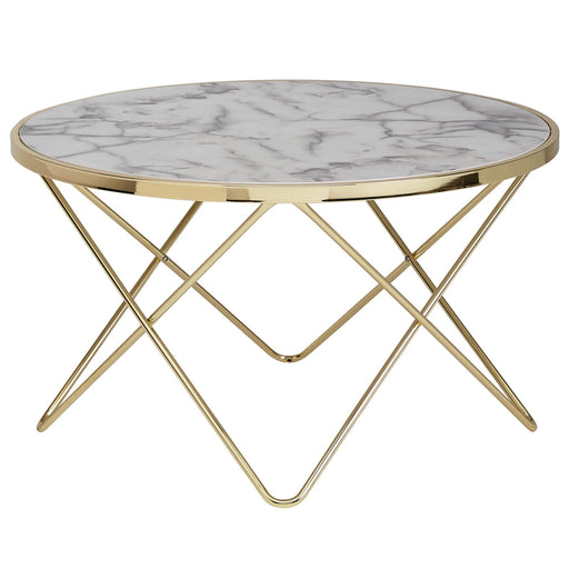 Runder Couchtisch Marmoroptik Weiß mit goldenem Metallgestell und Stern-Design in Gesamtansicht.