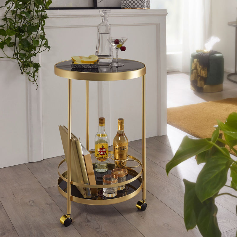 Servierwagen Gold Rund Ø45cm 2 Ebenen Glasplatte Schwarz Rollen