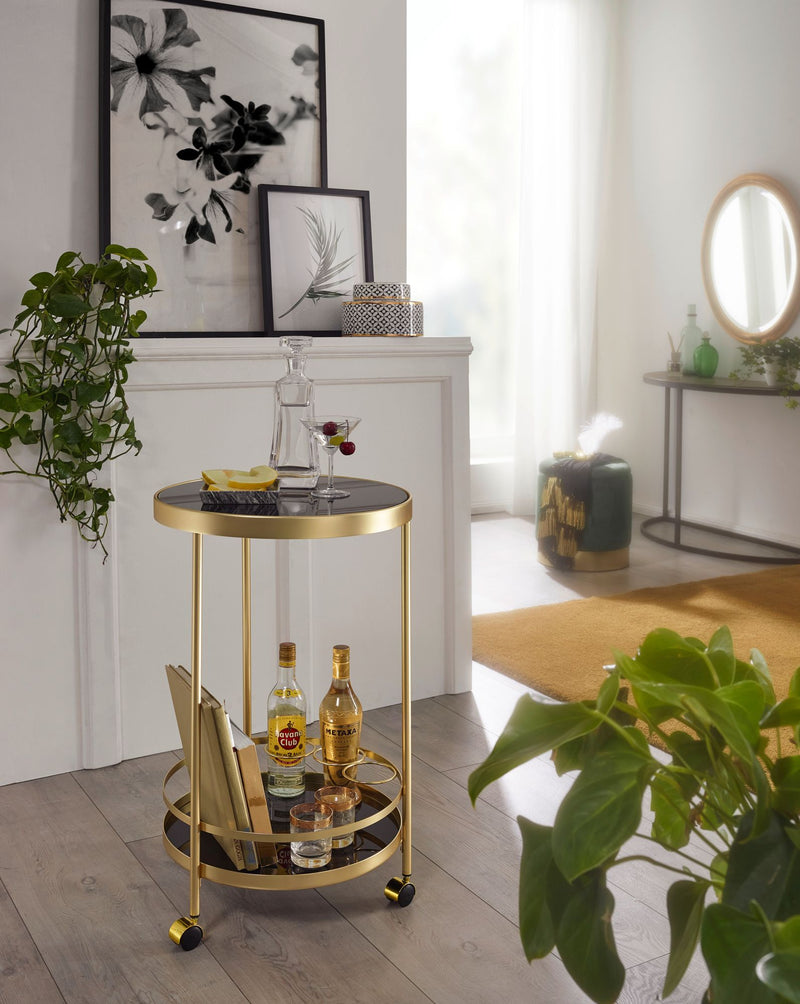 Servierwagen Gold Rund Ø45cm 2 Ebenen Glasplatte Schwarz Rollen
