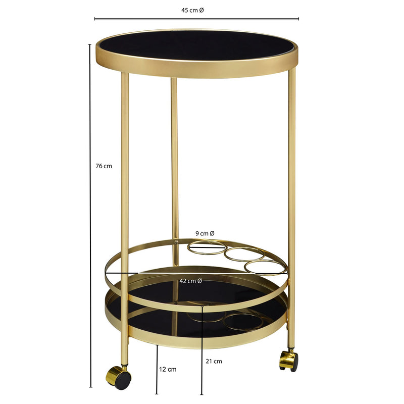 Servierwagen Gold Rund Ø45cm 2 Ebenen Glasplatte Schwarz Rollen