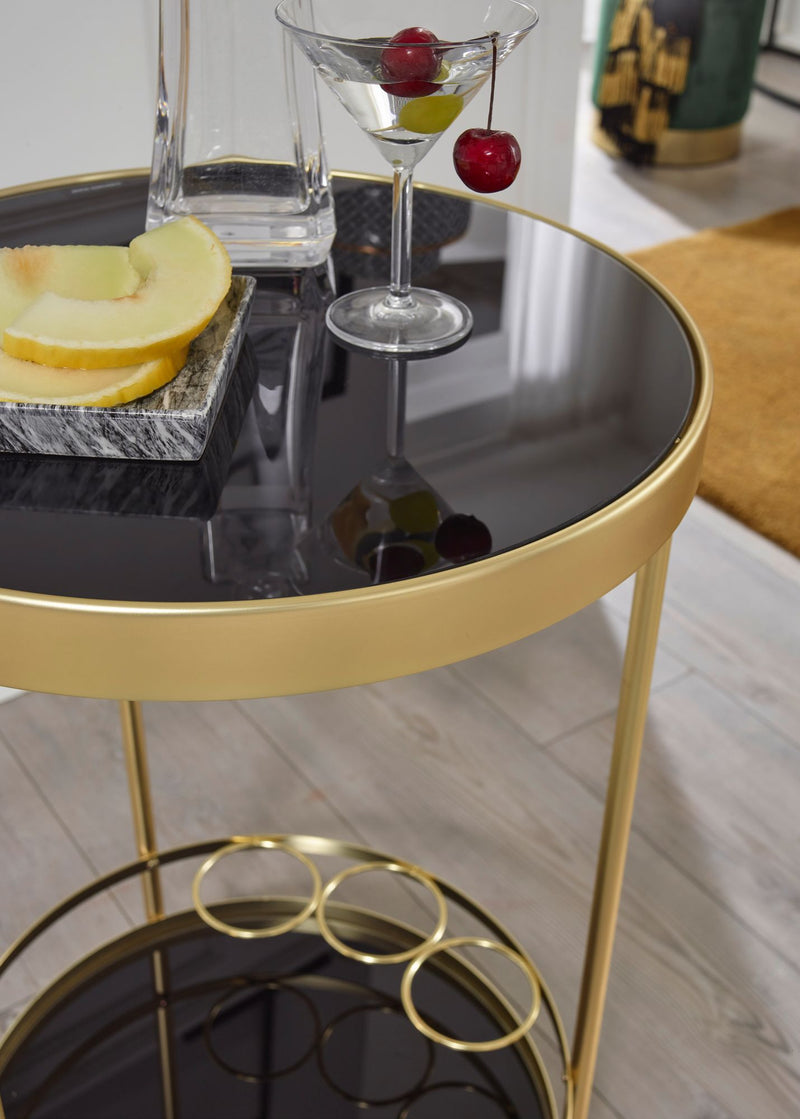 Servierwagen Gold Rund Ø45cm 2 Ebenen Glasplatte Schwarz Rollen