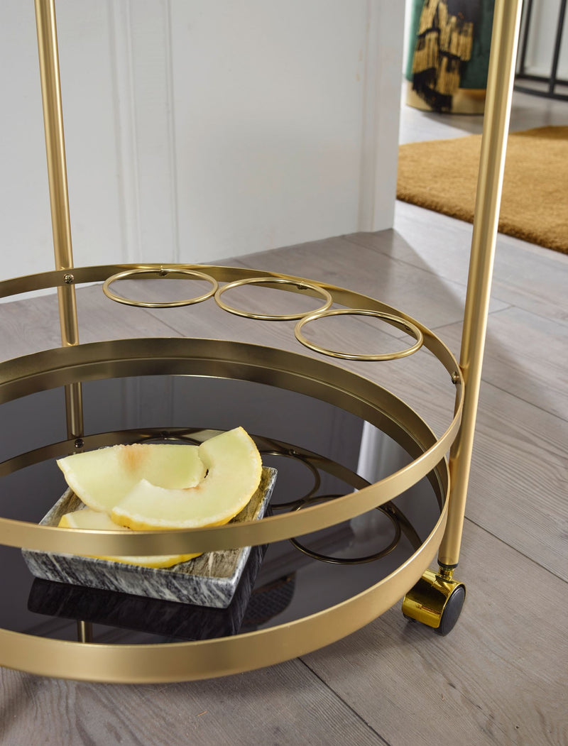 Servierwagen Gold Rund Ø45cm 2 Ebenen Glasplatte Schwarz Rollen
