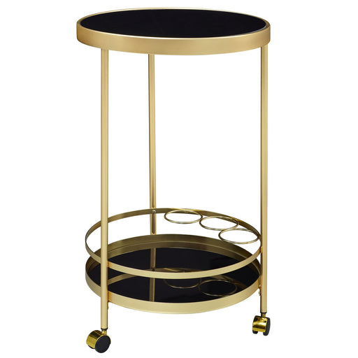 Servierwagen Gold Rund mit zwei schwarzen Glasplatten und goldenen Rahmen in Gesamtansicht.