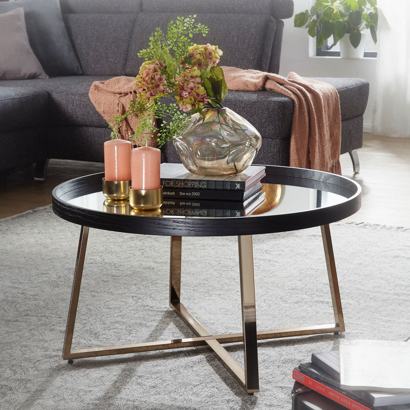 Couchtisch Rund Ø78cm Spiegelglas Dunkel-Gold Schwarz Metallgestell