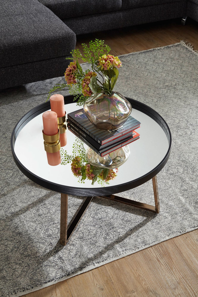 Couchtisch Rund Ø78cm Spiegelglas Dunkel-Gold Schwarz Metallgestell