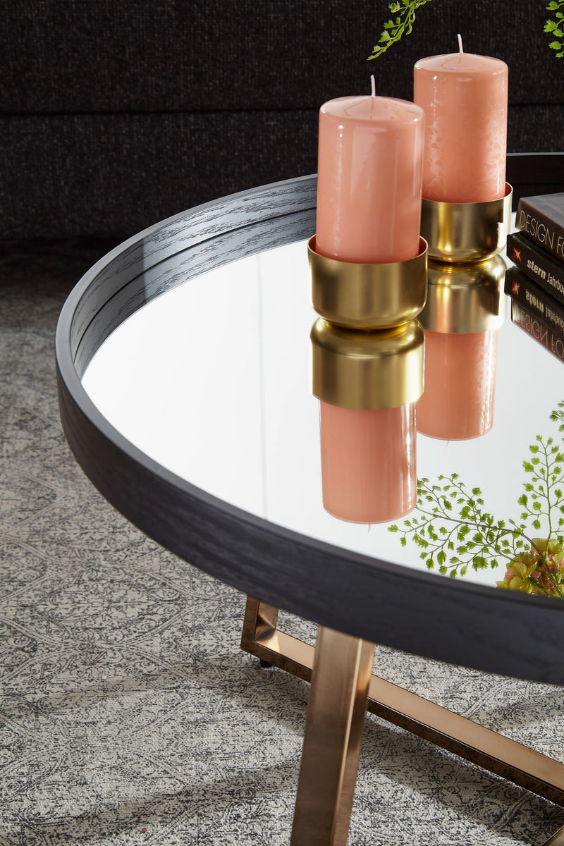 Couchtisch Rund Ø78cm Spiegelglas Dunkel-Gold Schwarz Metallgestell