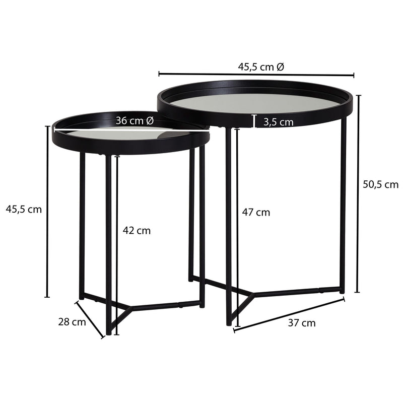 Beistelltisch 2er Set Rund Schwarz Spiegelglas Wohnzimmertisch