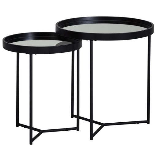 Gesamtansicht des 2er Sets Beistelltisch Rund Schwarz mit runden Spiegeltischplatten in zwei verschiedenen Größen.