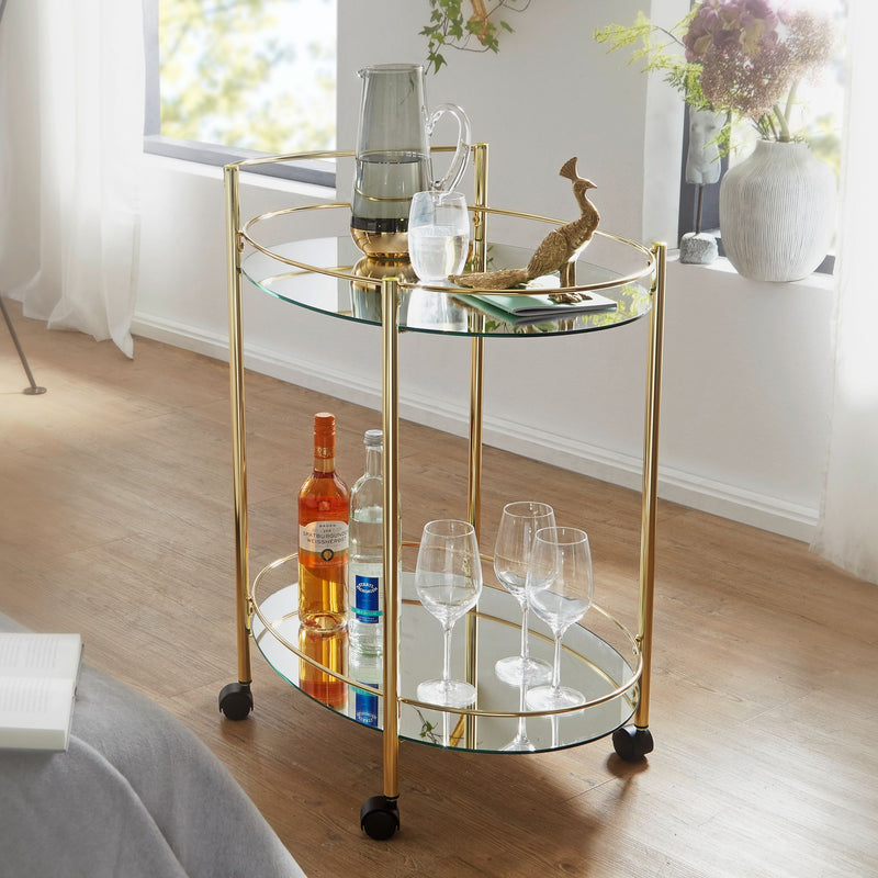 Servierwagen Gold 67x79cm Glasplatte Weiß Rollen Beistelltisch