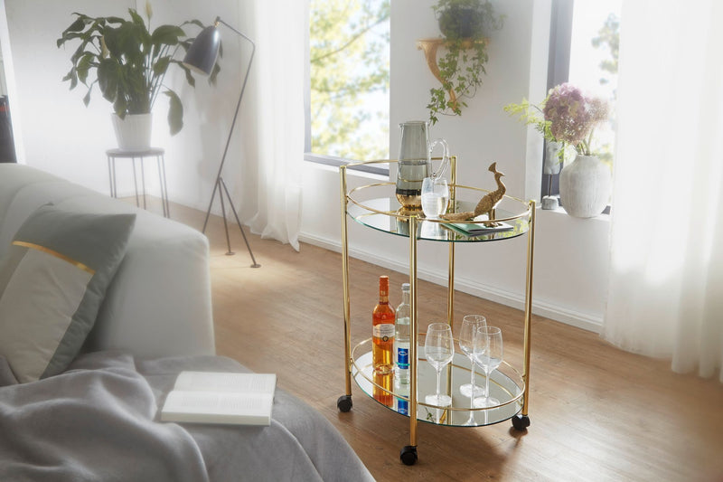 Servierwagen Gold 67x79cm Glasplatte Weiß Rollen Beistelltisch