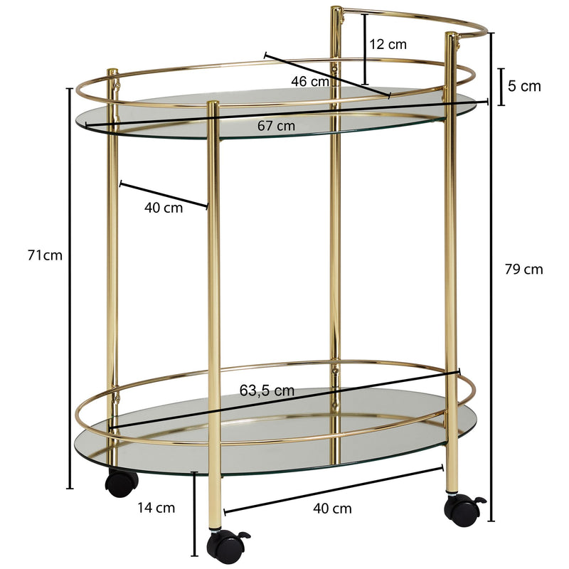 Servierwagen Gold 67x79cm Glasplatte Weiß Rollen Beistelltisch