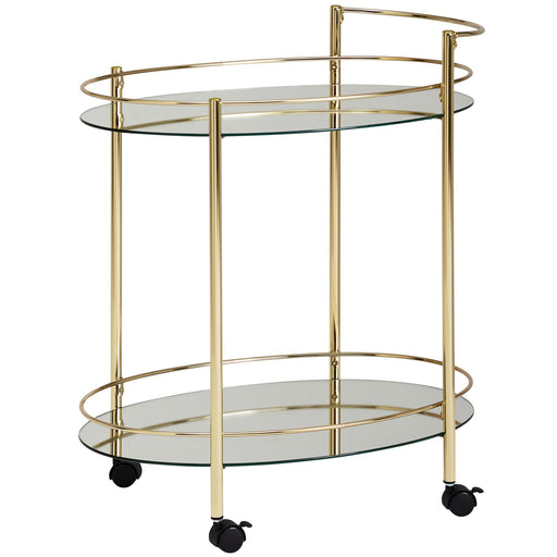 Servierwagen Gold mit zwei ovalen Glasablagen, Metallgestell in Goldoptik und Rollen, Gesamtansicht.