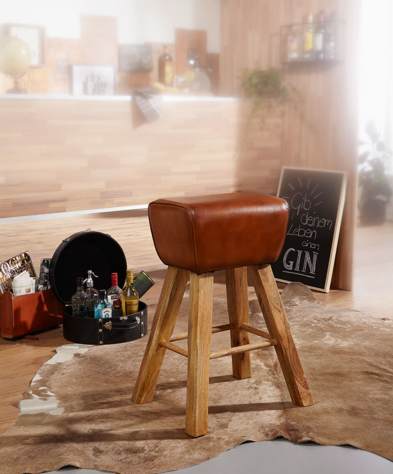 Barhocker Turnbock Mango Massivholz Echtleder Braun Country Design