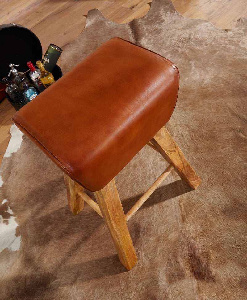 Barhocker Turnbock Mango Massivholz Echtleder Braun Country Design