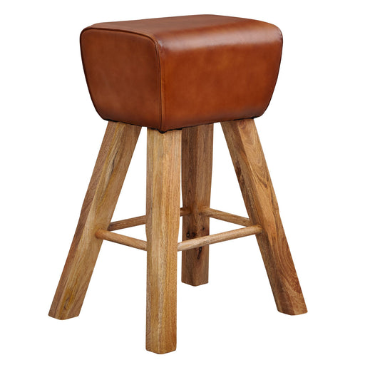 Barhocker Turnbock Mango Massivholz Echtleder Braun mit braunem Ledersitz und gespreizten Holzbeinen.