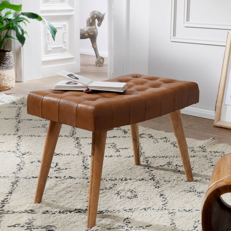 Sitzhocker Mango Massivholz Echtleder Chesterfield Braun 67x47x39 cm