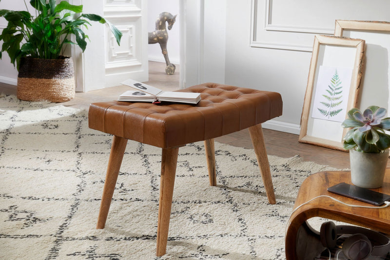 Sitzhocker Mango Massivholz Echtleder Chesterfield Braun 67x47x39 cm