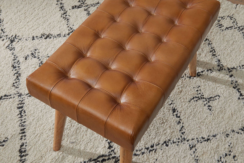 Sitzhocker Mango Massivholz Echtleder Chesterfield Braun 67x47x39 cm