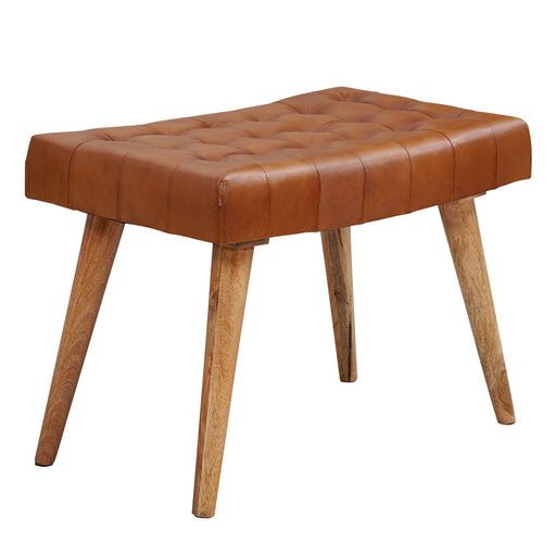 Sitzhocker Mango Massivholz Echtleder Chesterfield mit gesteppter Oberfläche in Braun, Gesamtansicht.