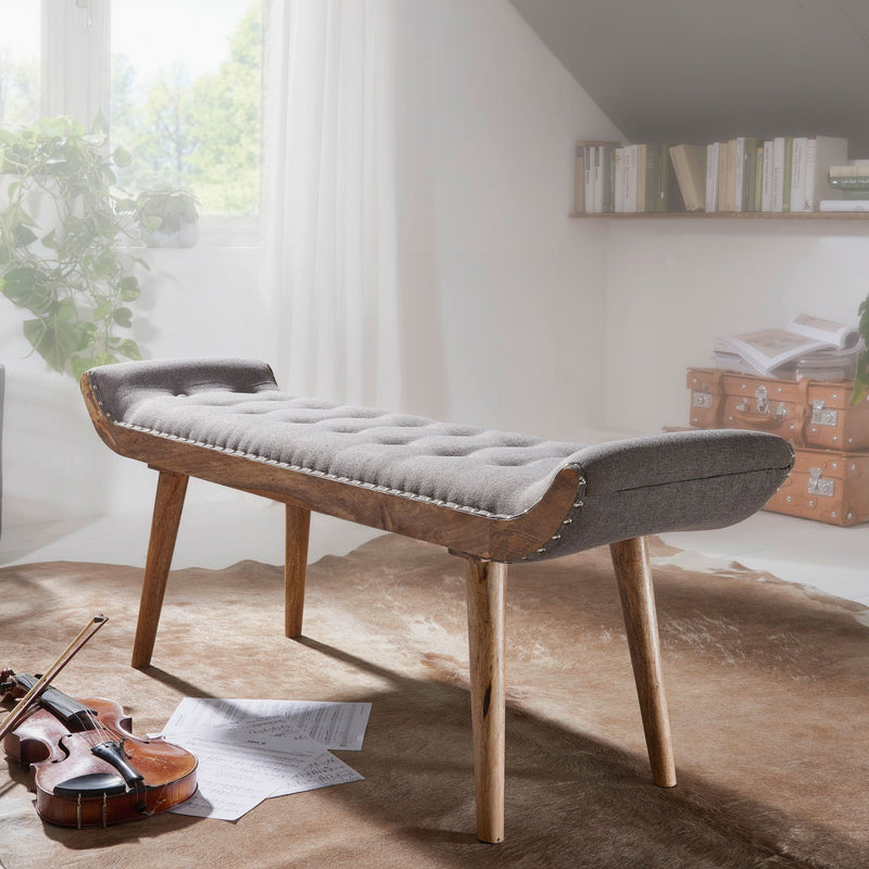 Sitzbank Chesterfield 125x51x38cm Stoff Massivholz Grau Modern