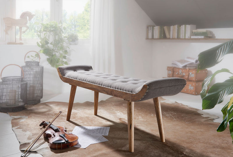 Sitzbank Chesterfield 125x51x38cm Stoff Massivholz Grau Modern