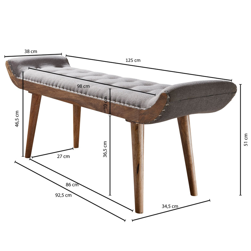 Sitzbank Chesterfield 125x51x38cm Stoff Massivholz Grau Modern