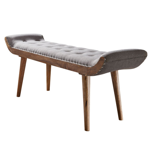 Sitzbank Chesterfield 125x51x38cm in Grau mit gepolstertem Sitzflächenbezug und Holzgestell in Gesamtansicht.
