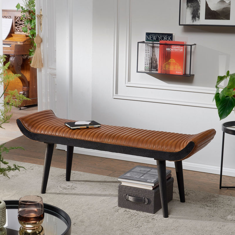 Sitzbank Echtleder Massivholz Braun 125x51x38cm Modern Design