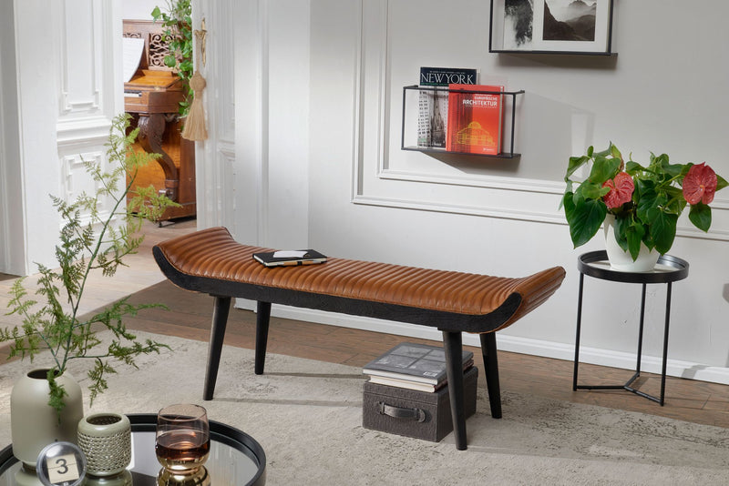 Sitzbank Echtleder Massivholz Braun 125x51x38cm Modern Design