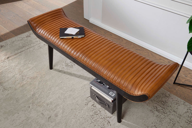 Sitzbank Echtleder Massivholz Braun 125x51x38cm Modern Design