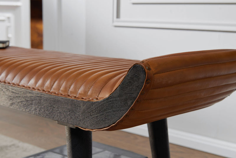 Sitzbank Echtleder Massivholz Braun 125x51x38cm Modern Design